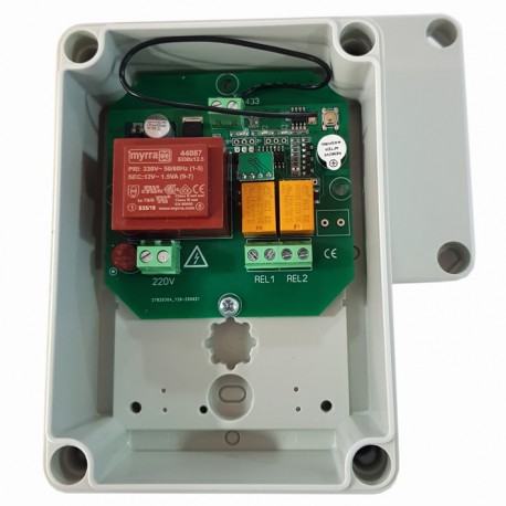 RECEPTOR PCCOPY 2 CANALES 230 VAC. CAJA ESTANCA CON TOMA 3-12 V. PARA REPETIDOR 433,92 MHz CODIGO EVOLUTIVO